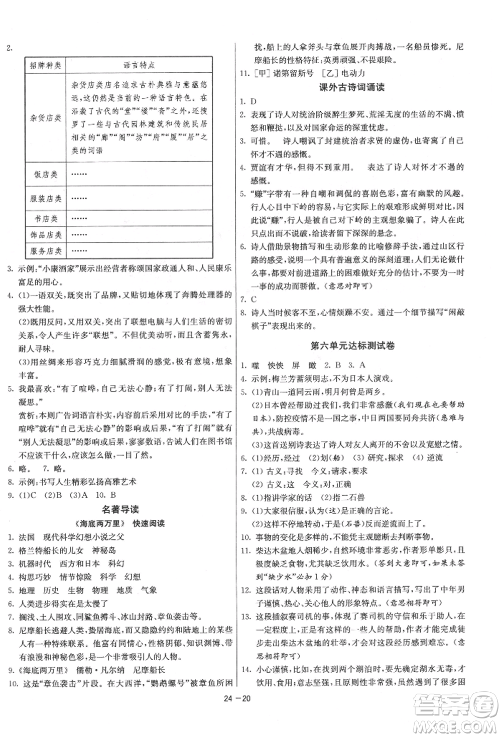 江蘇人民出版社2022年1課3練單元達(dá)標(biāo)測(cè)試七年級(jí)下冊(cè)語(yǔ)文人教版參考答案