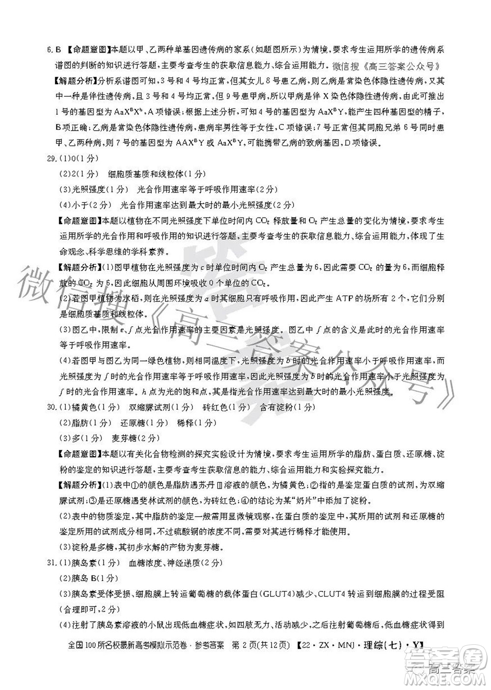 2022全國(guó)100所名校最新高考模擬示范卷七理科綜合試題及答案