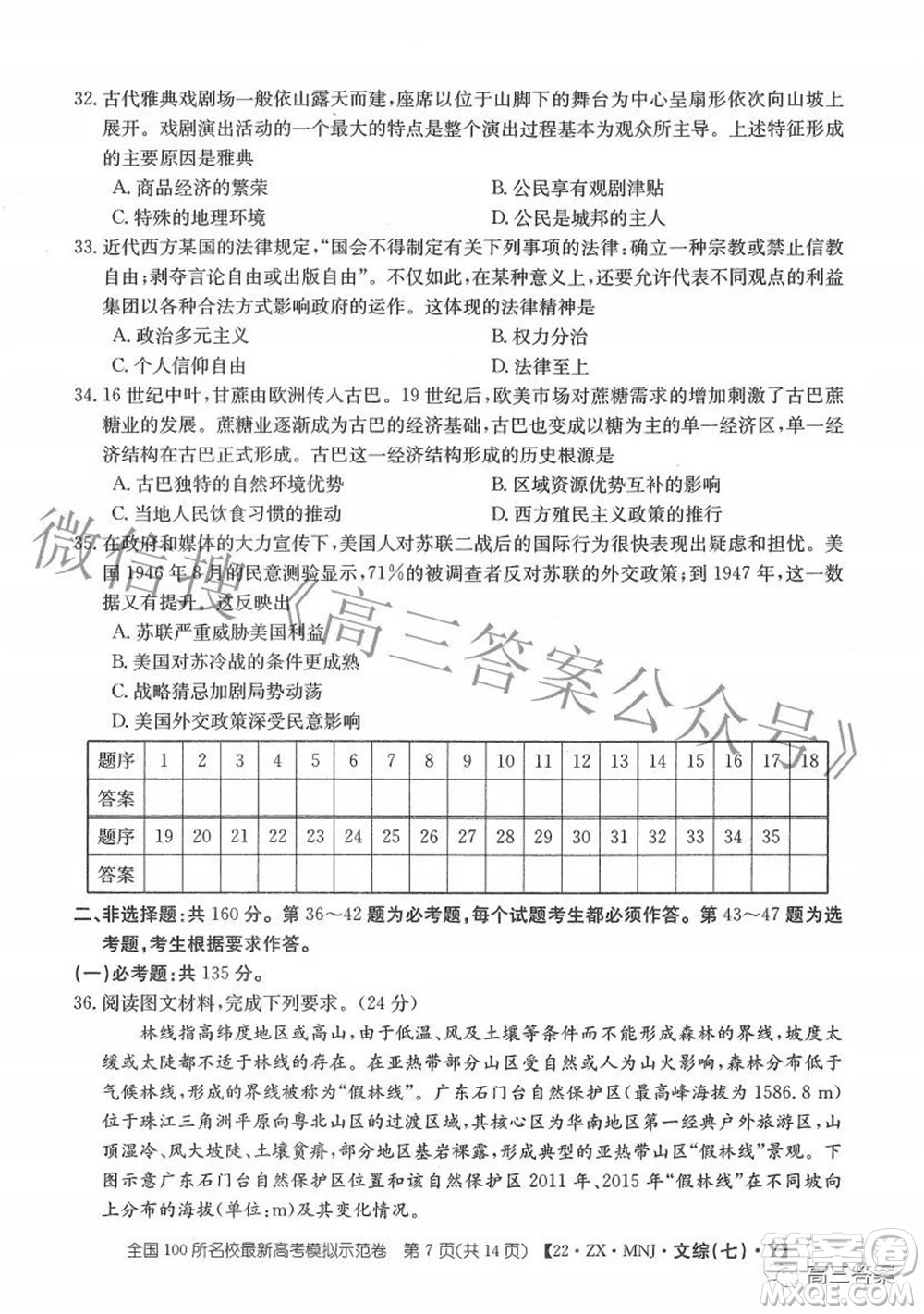 2022全國100所名校最新高考模擬示范卷七文科綜合試題及答案