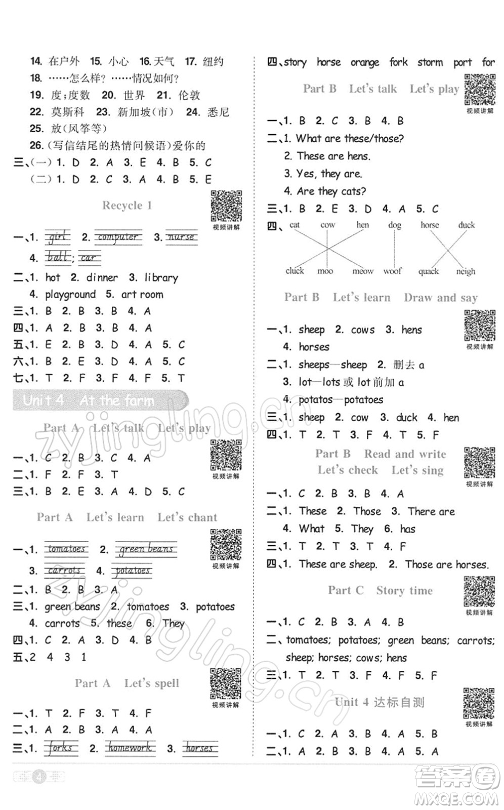 浙江教育出版社2022陽光同學(xué)課時達標(biāo)訓(xùn)練四年級英語下冊PEP版浙江專版答案