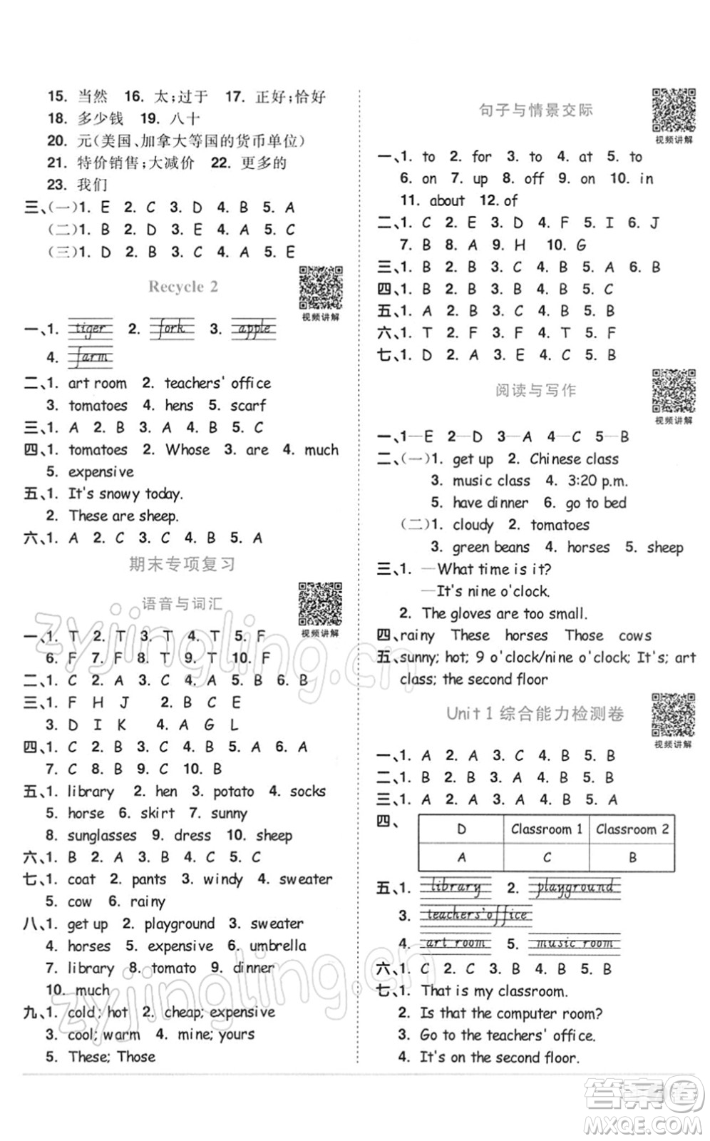 浙江教育出版社2022陽光同學(xué)課時達標(biāo)訓(xùn)練四年級英語下冊PEP版浙江專版答案