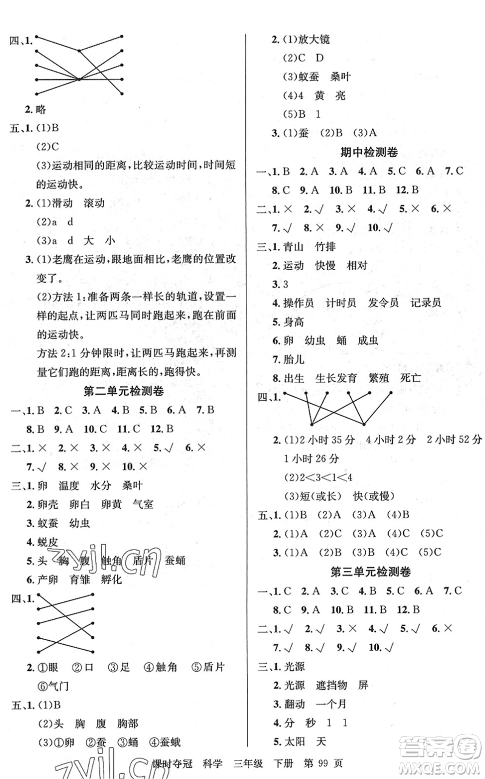 新疆科學(xué)技術(shù)出版社2022課時奪冠三年級科學(xué)下冊JK教科版答案