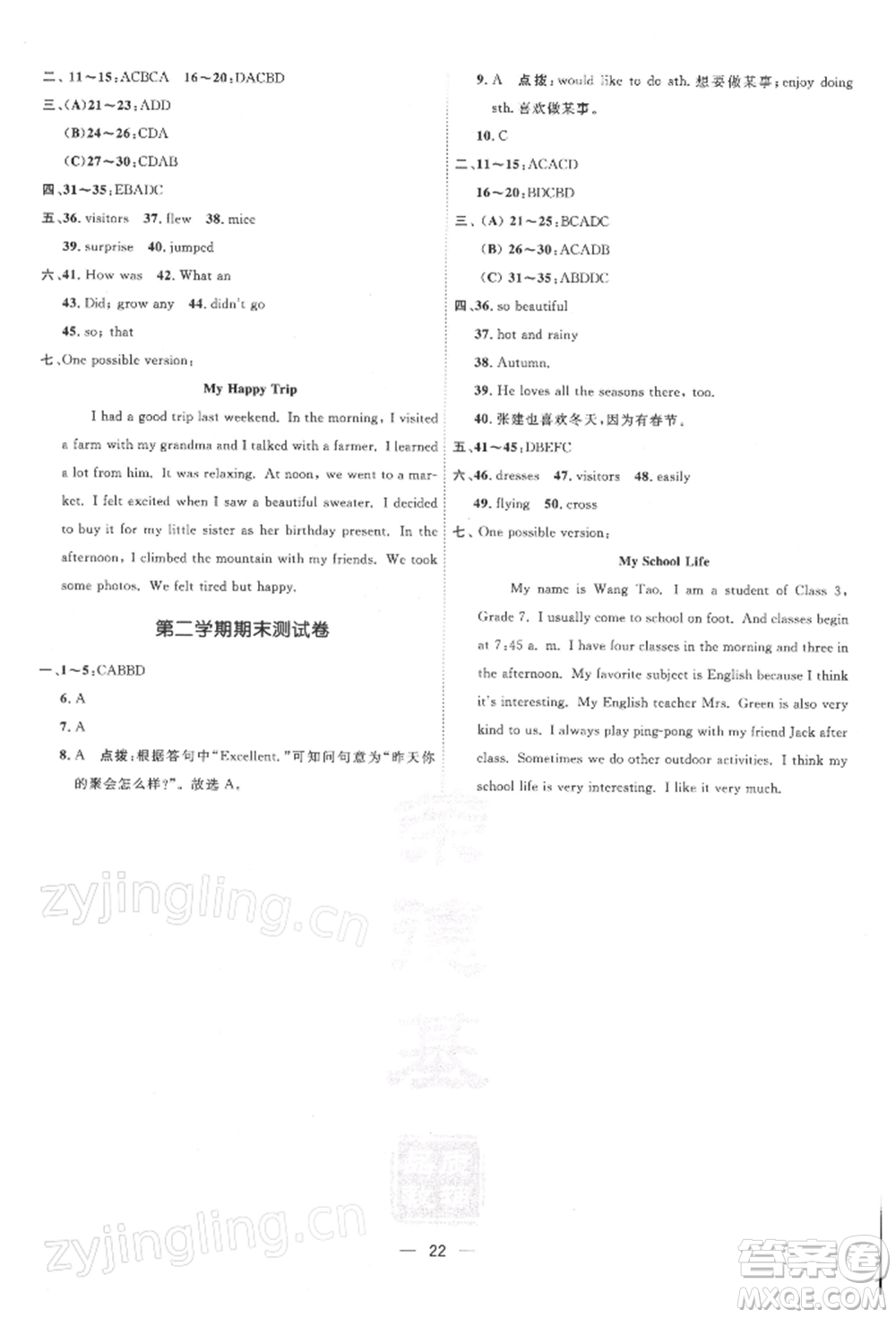 吉林教育出版社2022點撥訓練課時作業(yè)本七年級下冊英語人教版參考答案