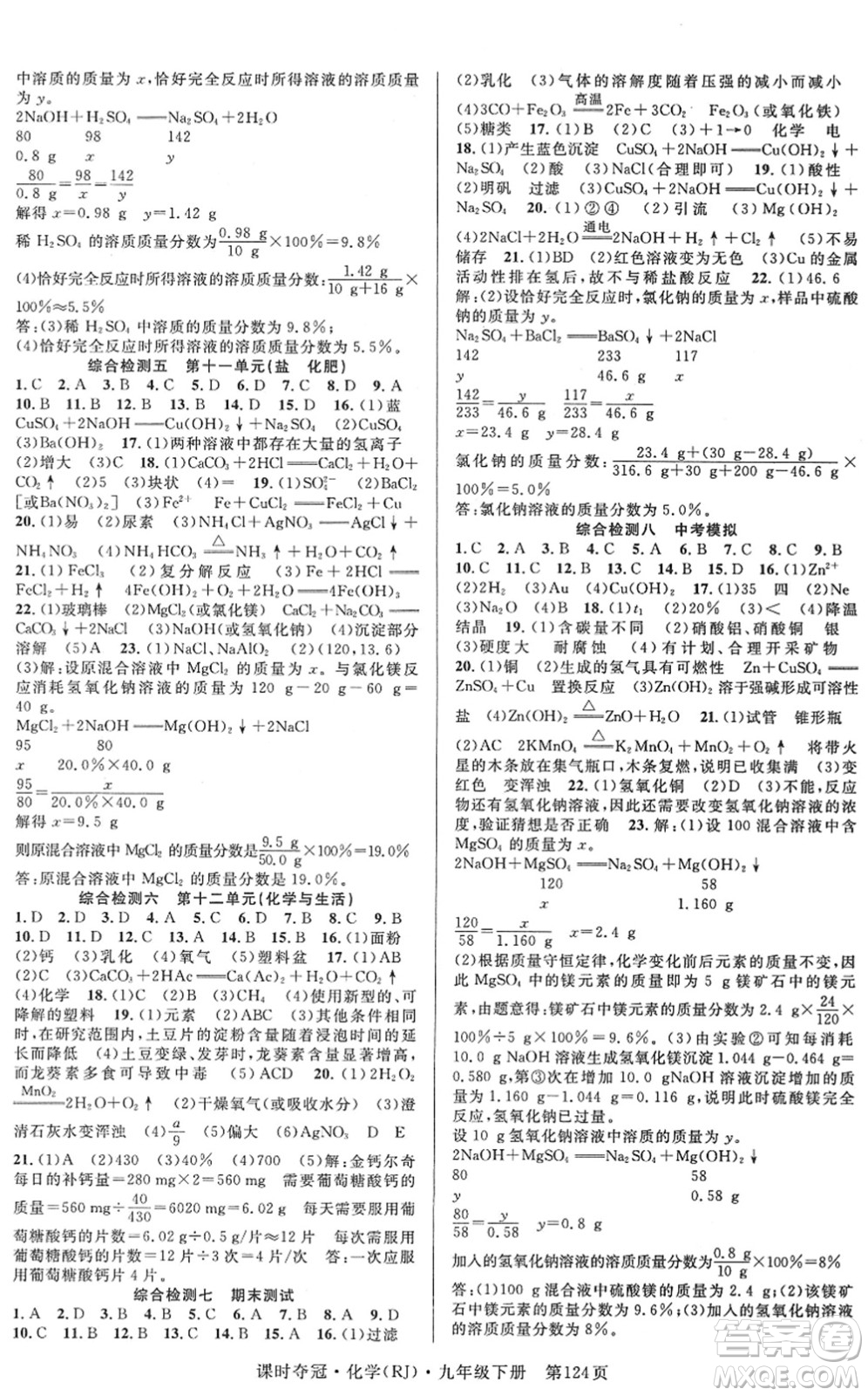 安徽師范大學(xué)出版社2022課時奪冠九年級化學(xué)下冊RJ人教版答案