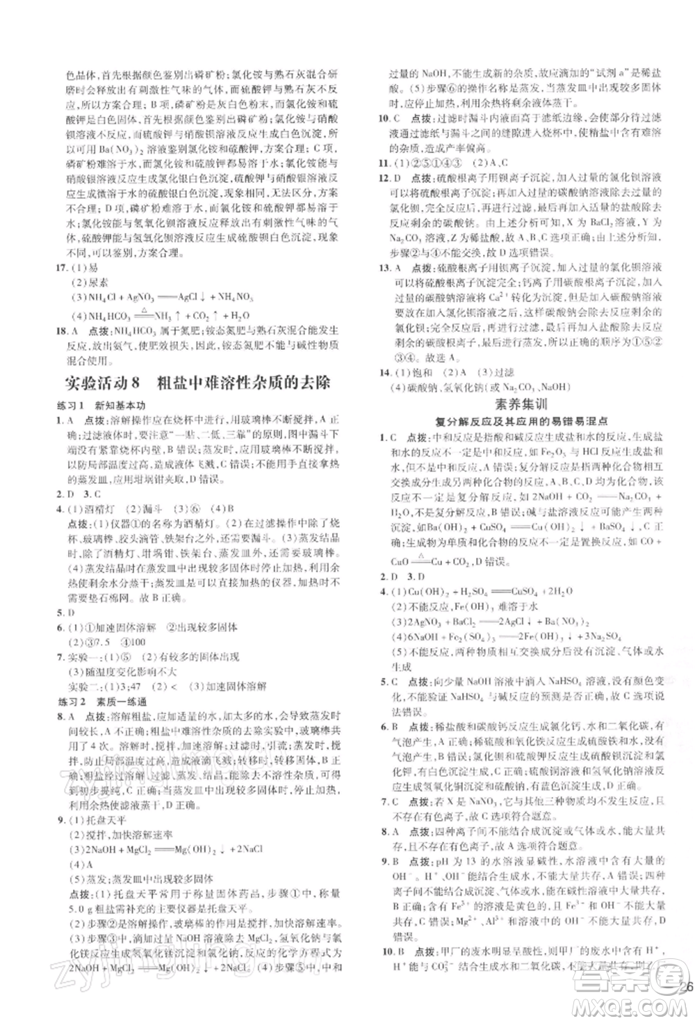 吉林教育出版社2022點撥訓(xùn)練課時作業(yè)本九年級下冊化學(xué)人教版參考答案