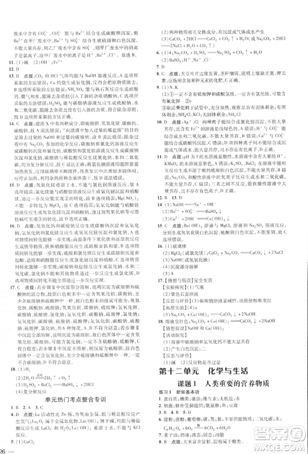 吉林教育出版社2022點撥訓(xùn)練課時作業(yè)本九年級下冊化學(xué)人教版參考答案