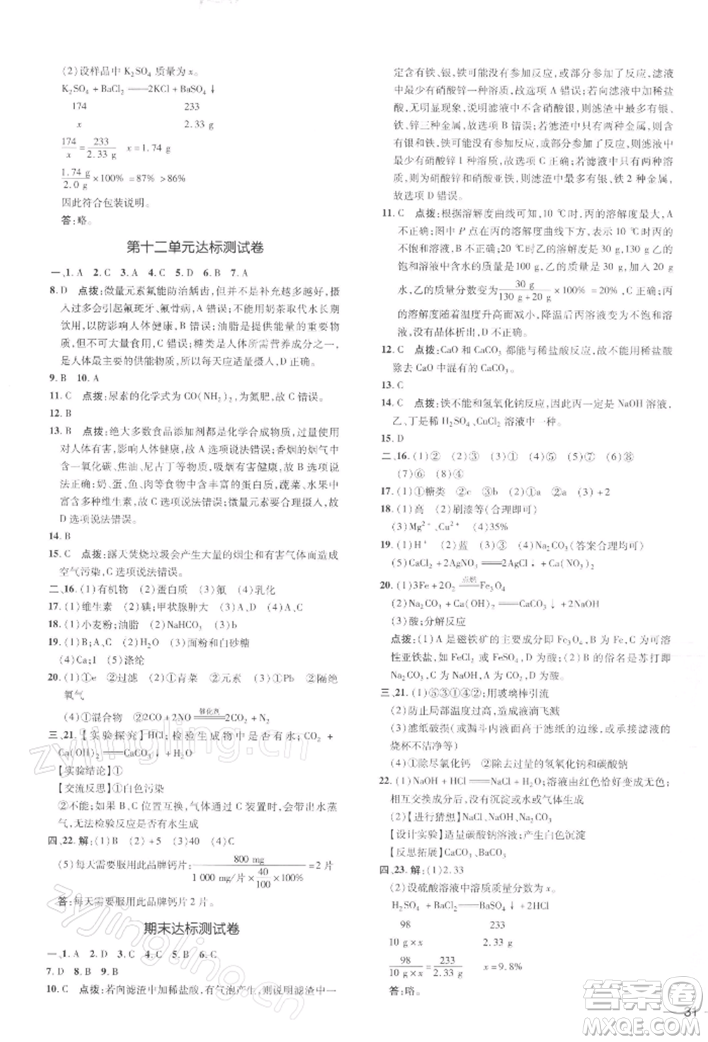 吉林教育出版社2022點撥訓(xùn)練課時作業(yè)本九年級下冊化學(xué)人教版參考答案