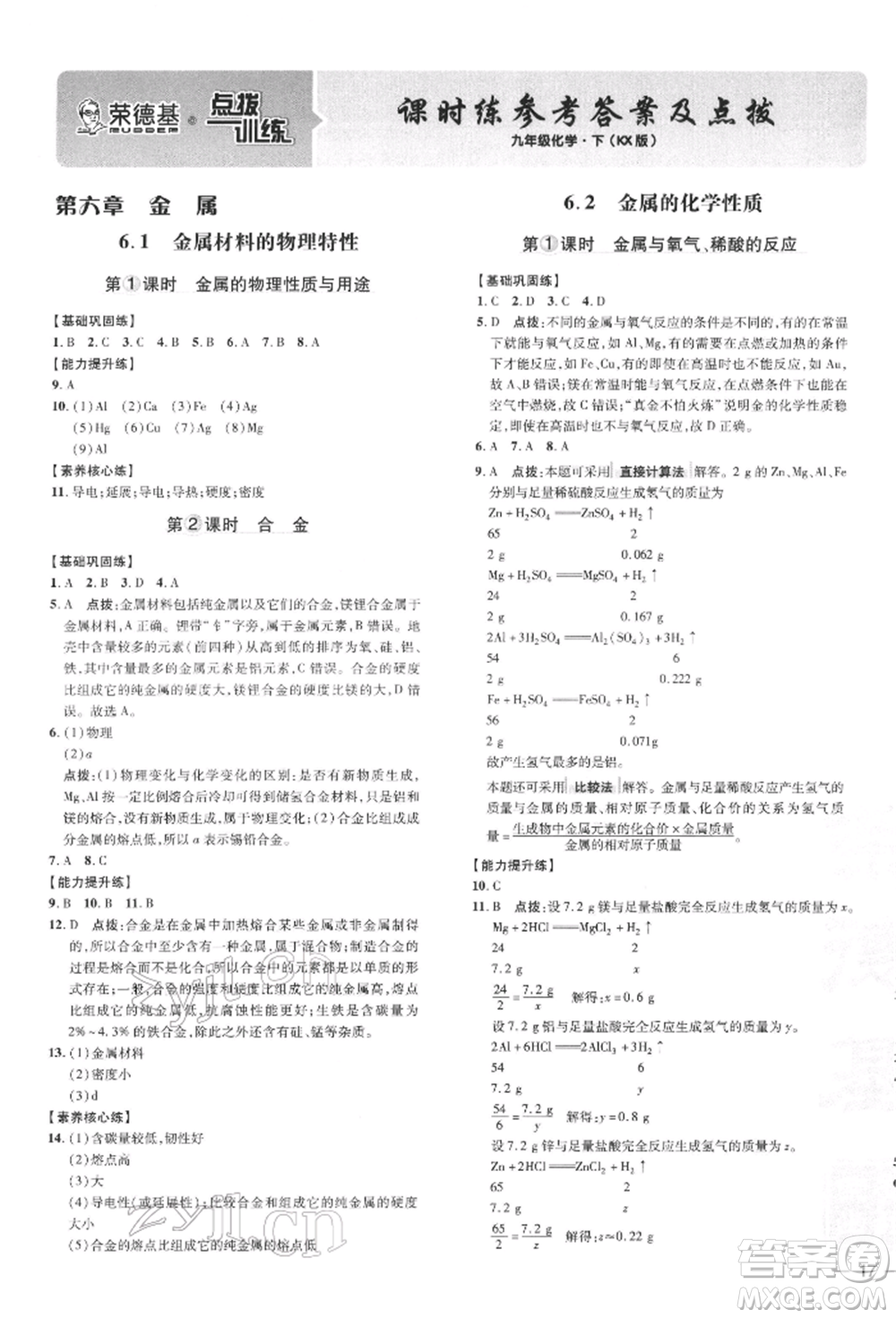 吉林教育出版社2022點(diǎn)撥訓(xùn)練課時作業(yè)本九年級下冊化學(xué)科學(xué)版參考答案