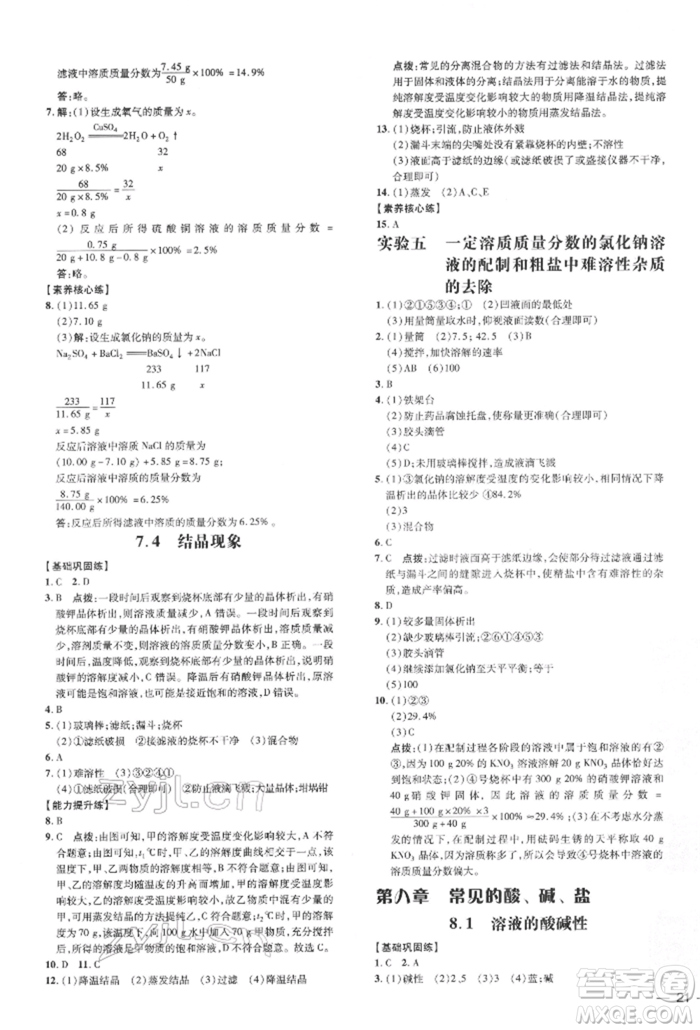 吉林教育出版社2022點(diǎn)撥訓(xùn)練課時作業(yè)本九年級下冊化學(xué)科學(xué)版參考答案