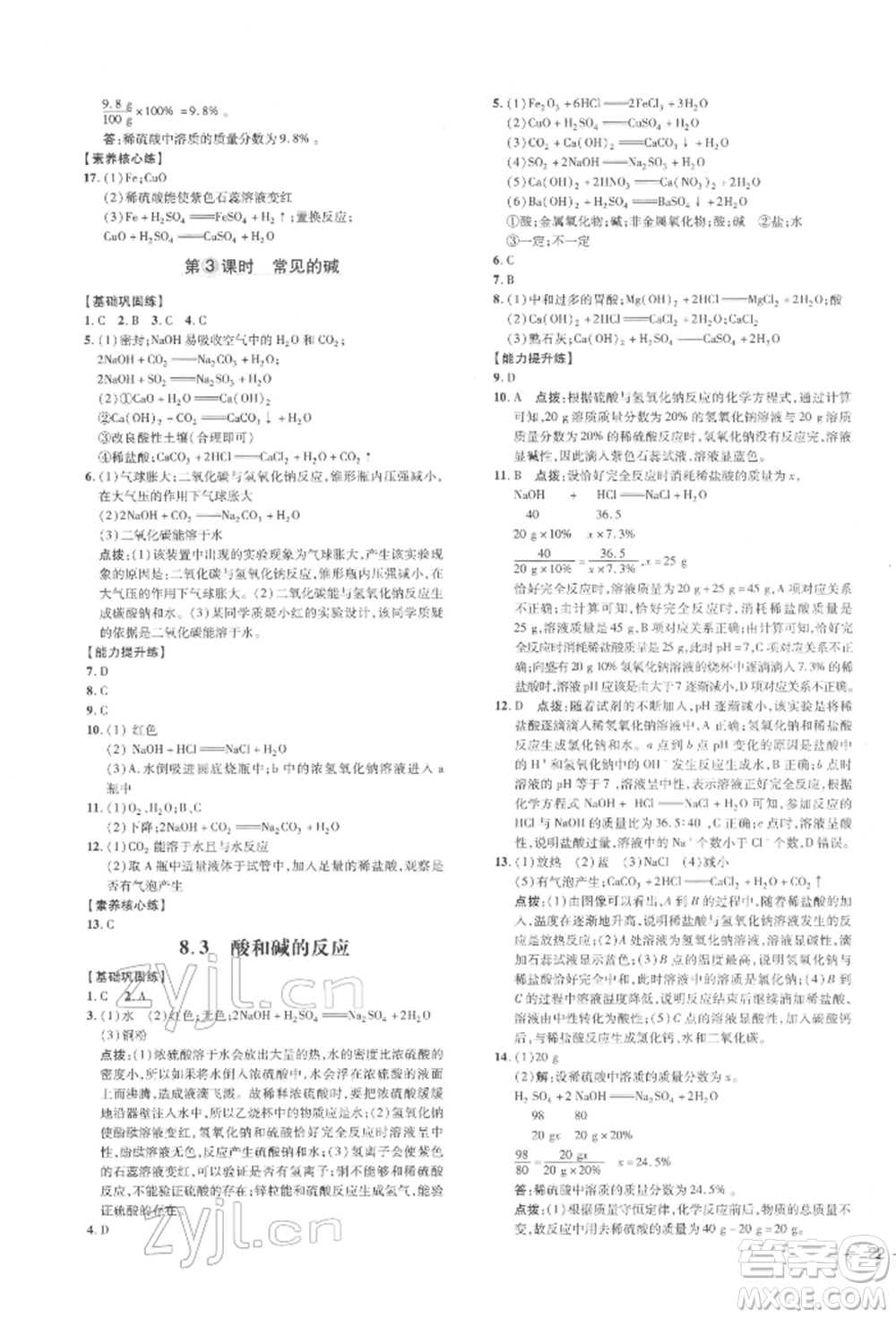 吉林教育出版社2022點(diǎn)撥訓(xùn)練課時作業(yè)本九年級下冊化學(xué)科學(xué)版參考答案