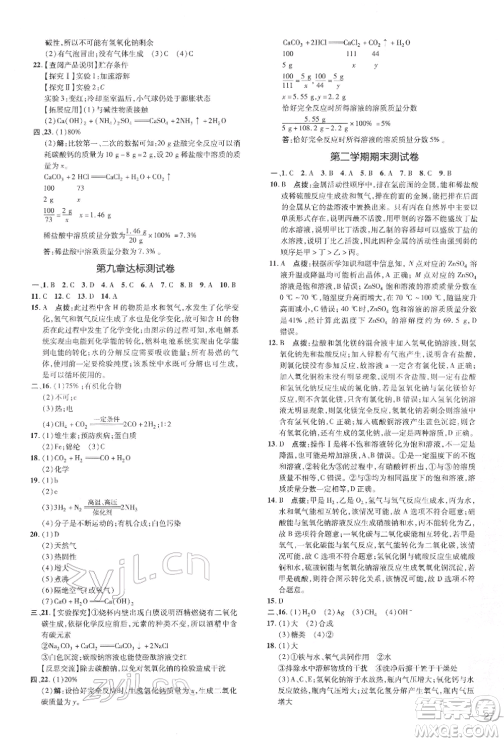 吉林教育出版社2022點(diǎn)撥訓(xùn)練課時作業(yè)本九年級下冊化學(xué)科學(xué)版參考答案