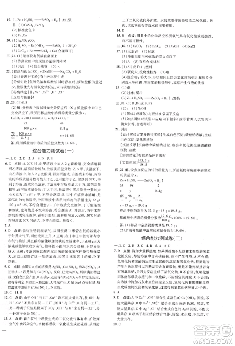 吉林教育出版社2022點(diǎn)撥訓(xùn)練課時作業(yè)本九年級下冊化學(xué)科學(xué)版參考答案