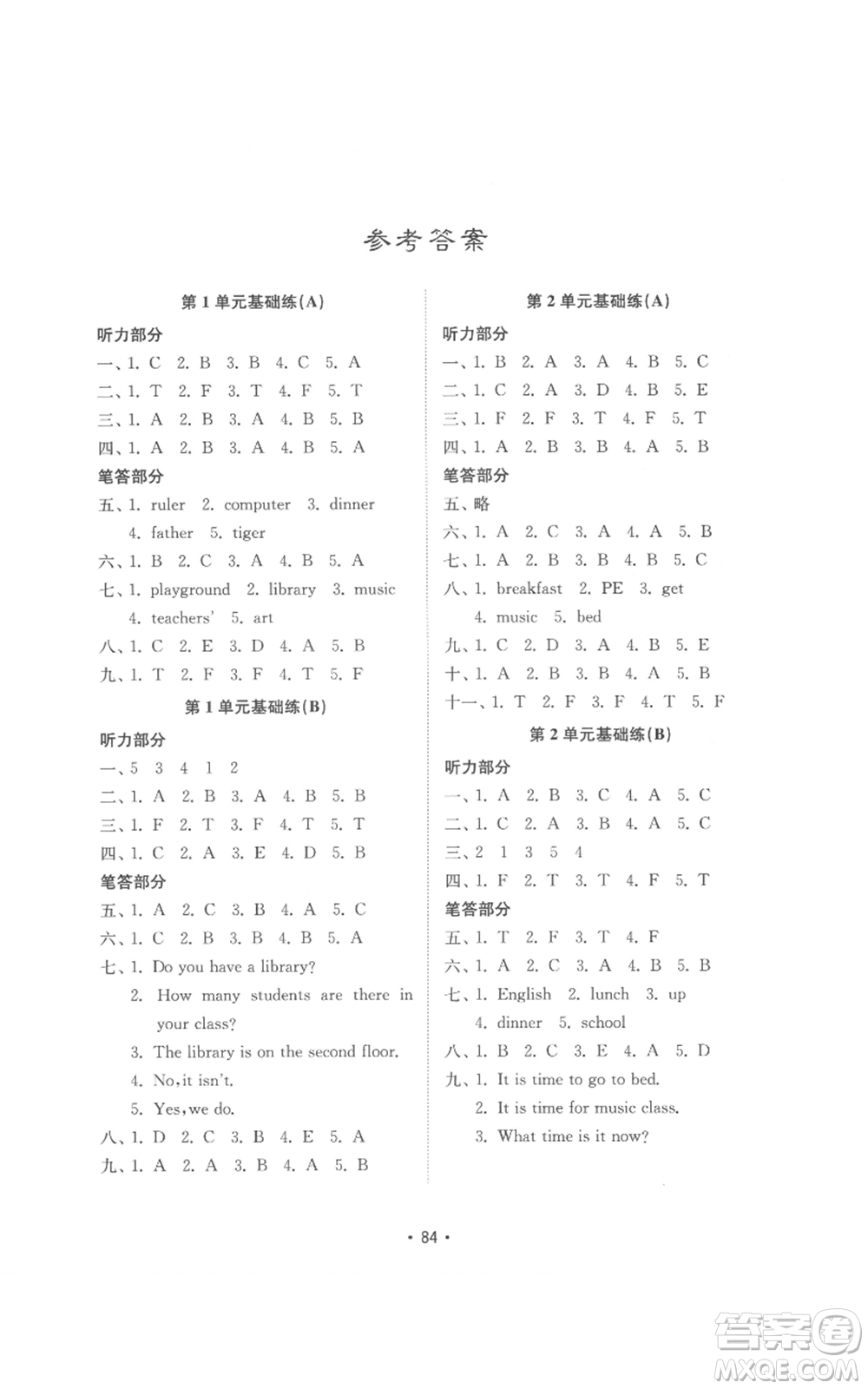 山東教育出版社2022金鑰匙小學(xué)英語試卷基礎(chǔ)練四年級下冊人教版參考答案