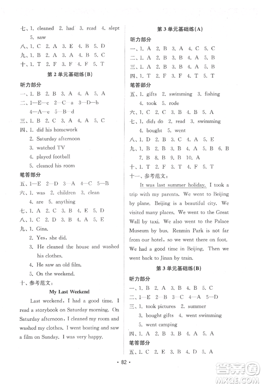 山東教育出版社2022金鑰匙小學英語試卷基礎練六年級下冊人教版參考答案