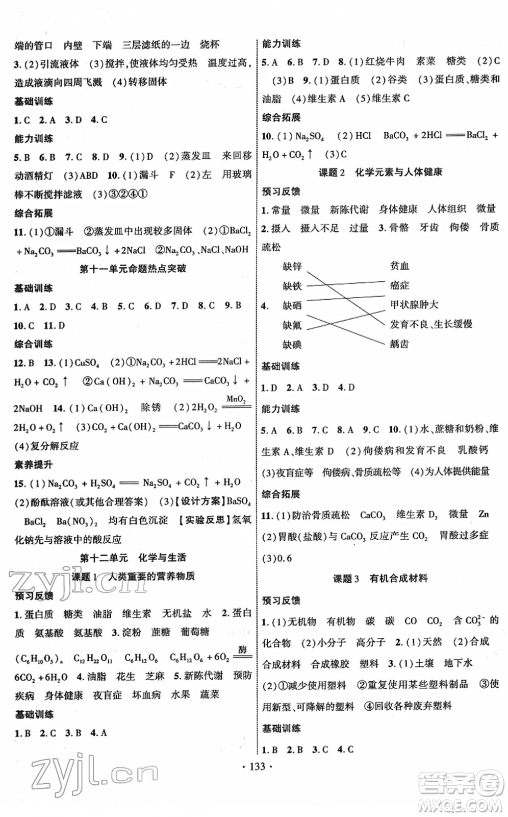 新疆文化出版社2022課時掌控九年級化學下冊RJ人教版答案