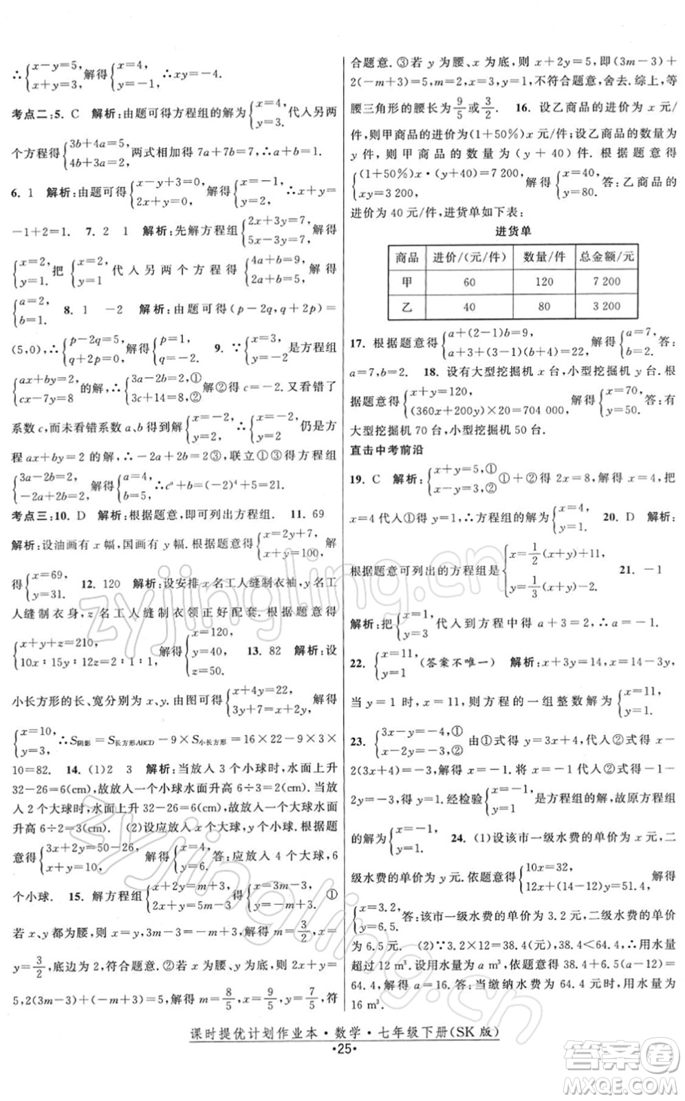 江蘇人民出版社2022課時(shí)提優(yōu)計(jì)劃作業(yè)本七年級(jí)數(shù)學(xué)下冊(cè)SK蘇科版答案