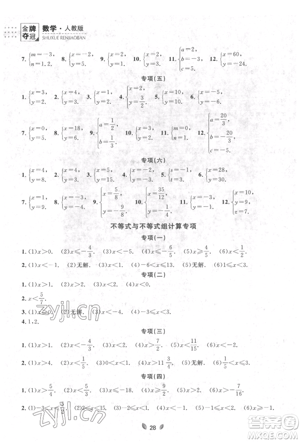 延邊大學(xué)出版社2022點石成金金牌奪冠七年級下冊數(shù)學(xué)人教版參考答案