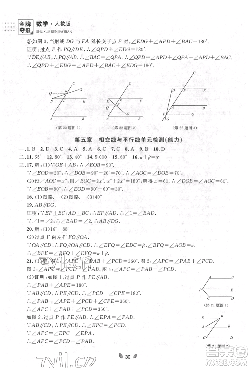 延邊大學(xué)出版社2022點石成金金牌奪冠七年級下冊數(shù)學(xué)人教版參考答案