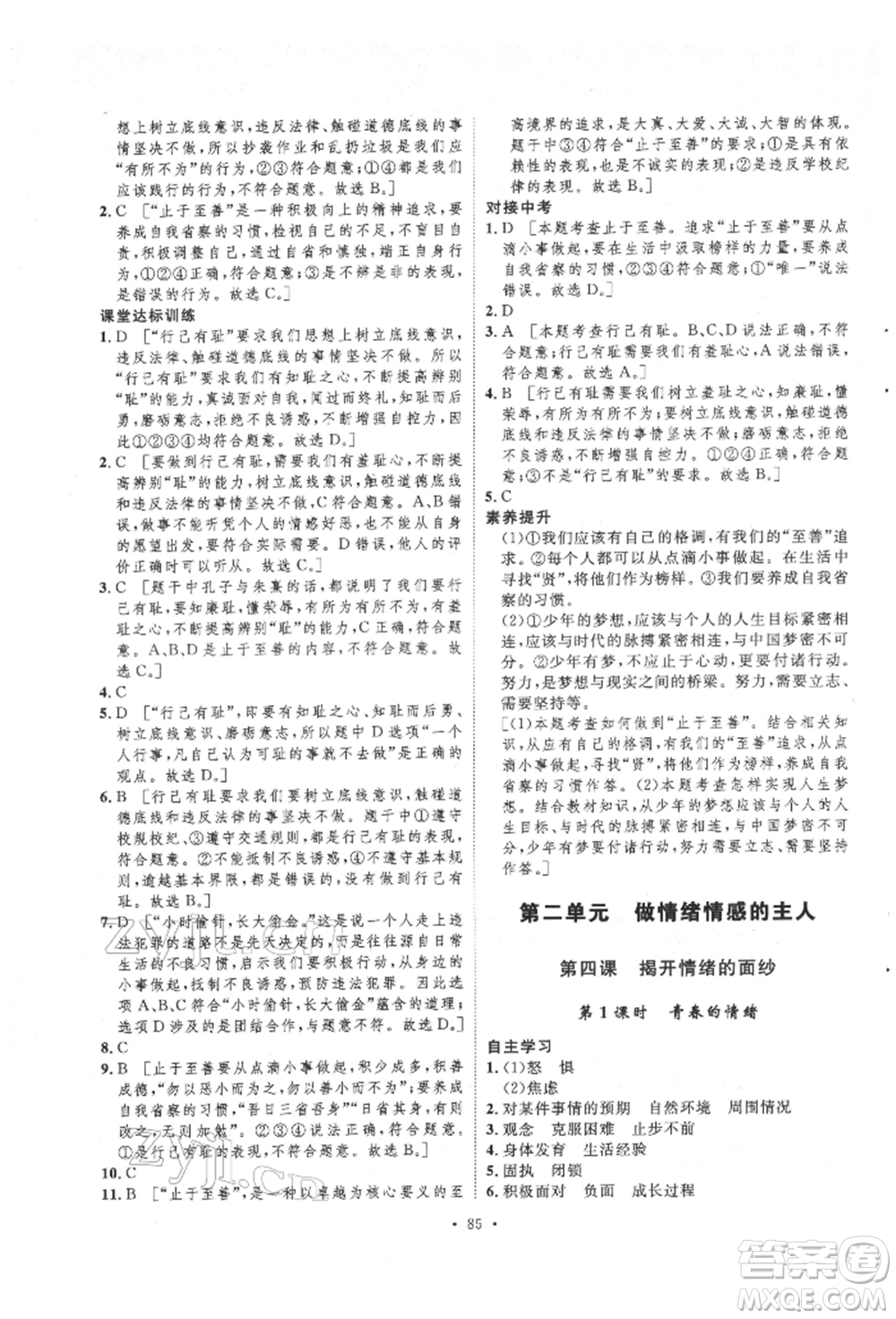 陜西人民出版社2022實驗教材新學案七年級下冊道德與法治人教版參考答案