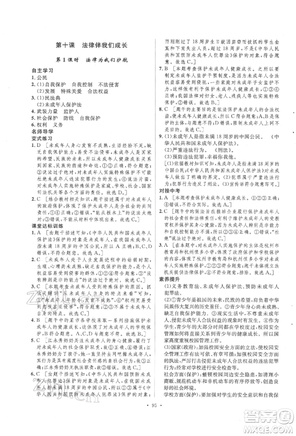 陜西人民出版社2022實驗教材新學案七年級下冊道德與法治人教版參考答案