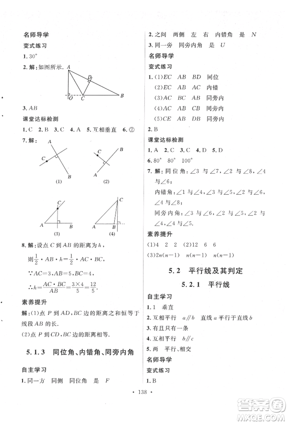 陜西人民出版社2022實驗教材新學(xué)案七年級下冊數(shù)學(xué)人教版參考答案