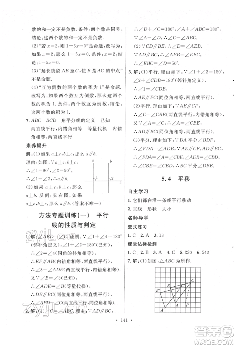 陜西人民出版社2022實驗教材新學(xué)案七年級下冊數(shù)學(xué)人教版參考答案