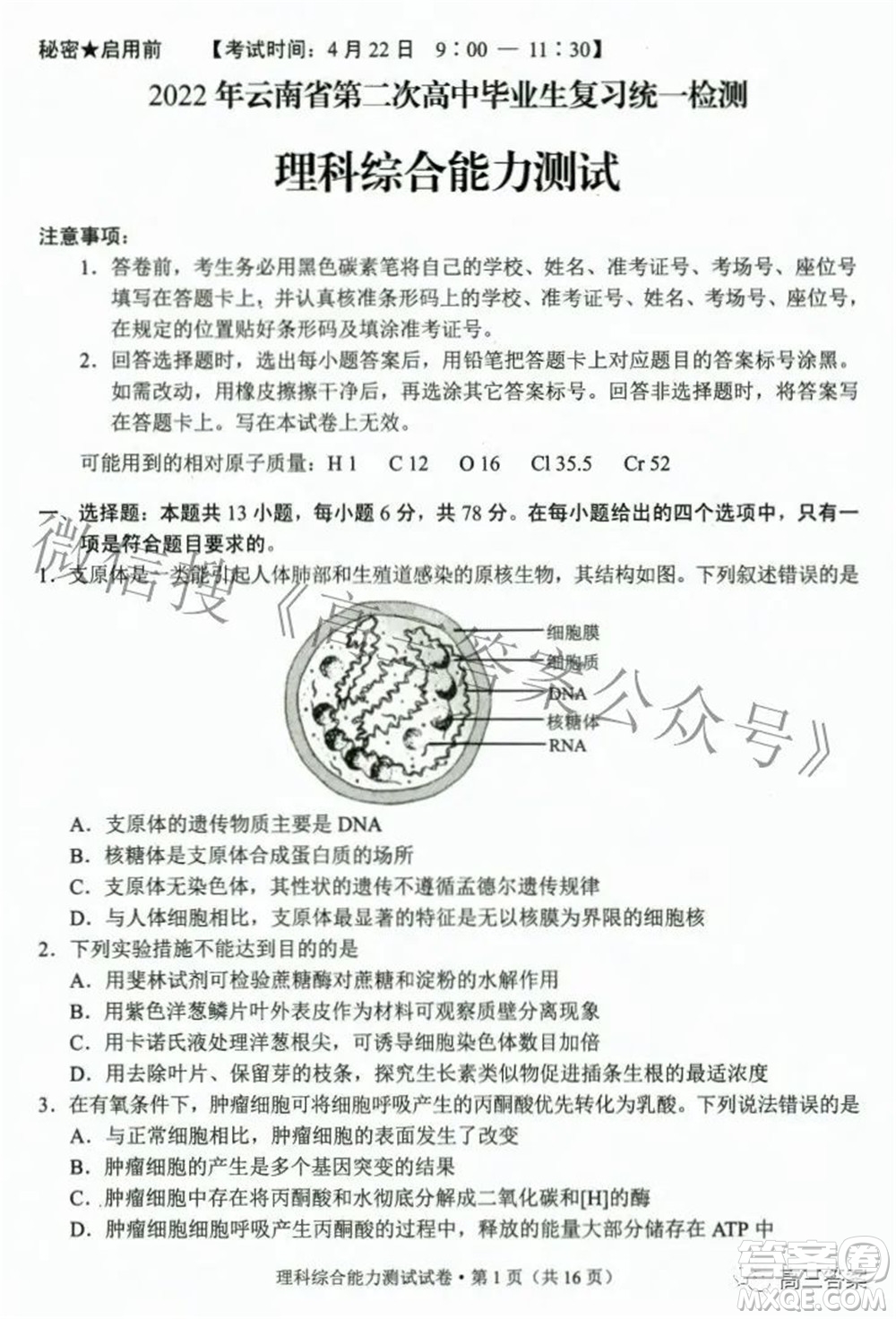 2022年云南省第二次高中畢業(yè)生復(fù)習(xí)統(tǒng)一檢測理科綜合試題及答案