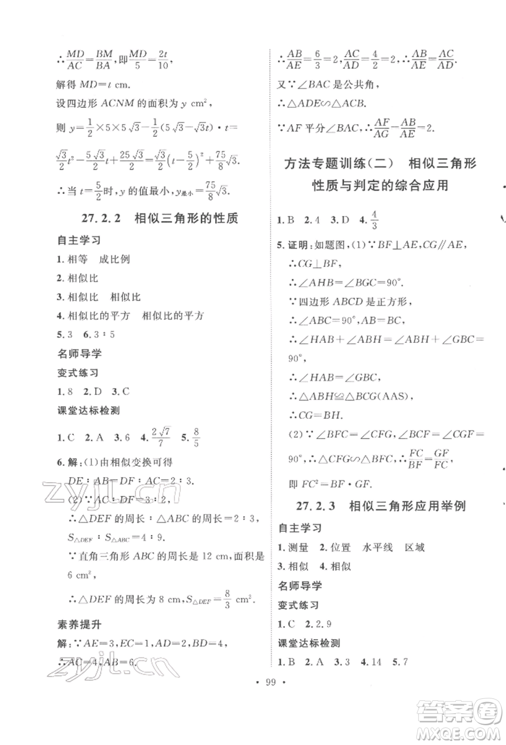 陜西人民出版社2022實(shí)驗(yàn)教材新學(xué)案九年級(jí)下冊(cè)數(shù)學(xué)人教版參考答案