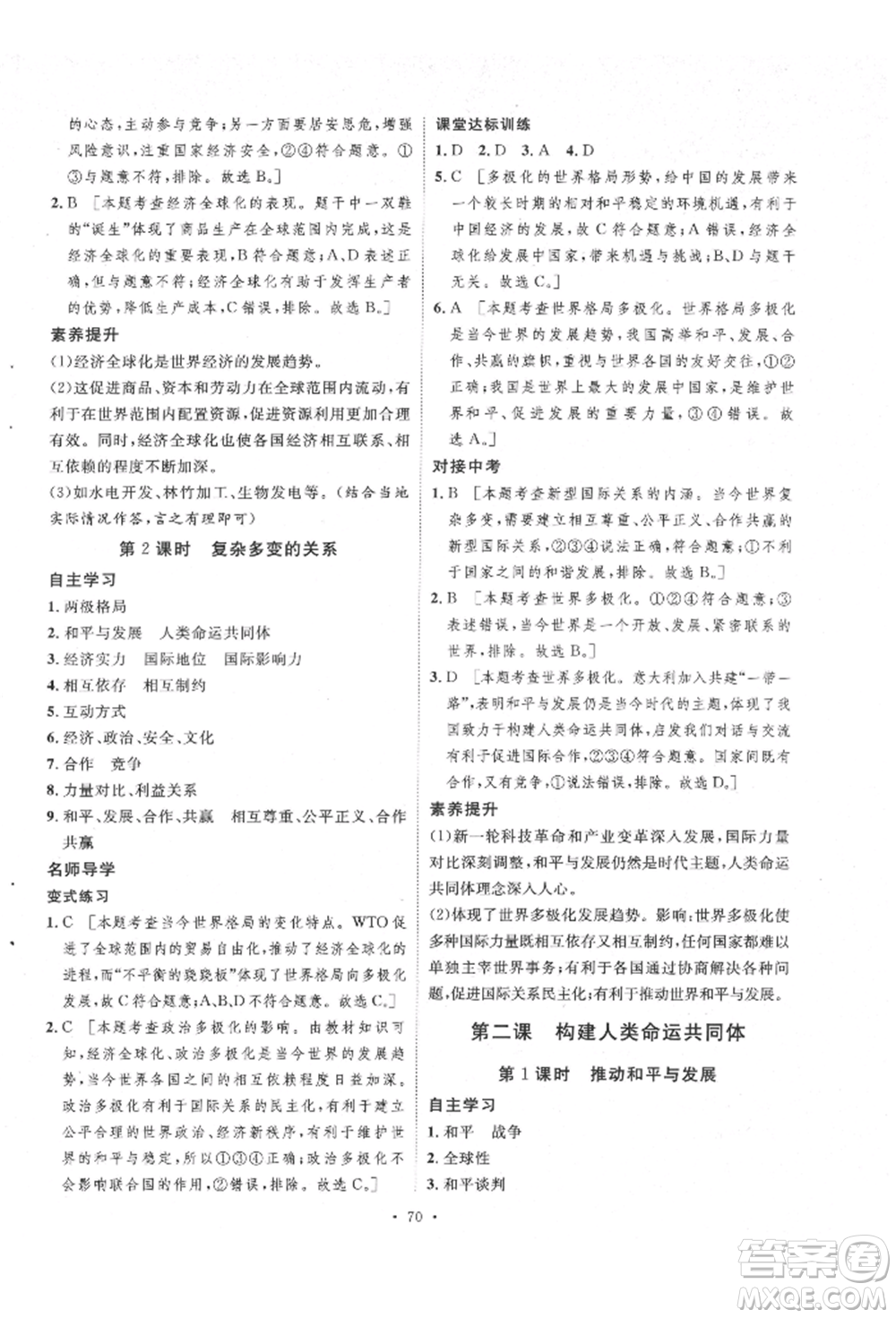 陜西人民出版社2022實驗教材新學案九年級下冊道德與法治人教版參考答案