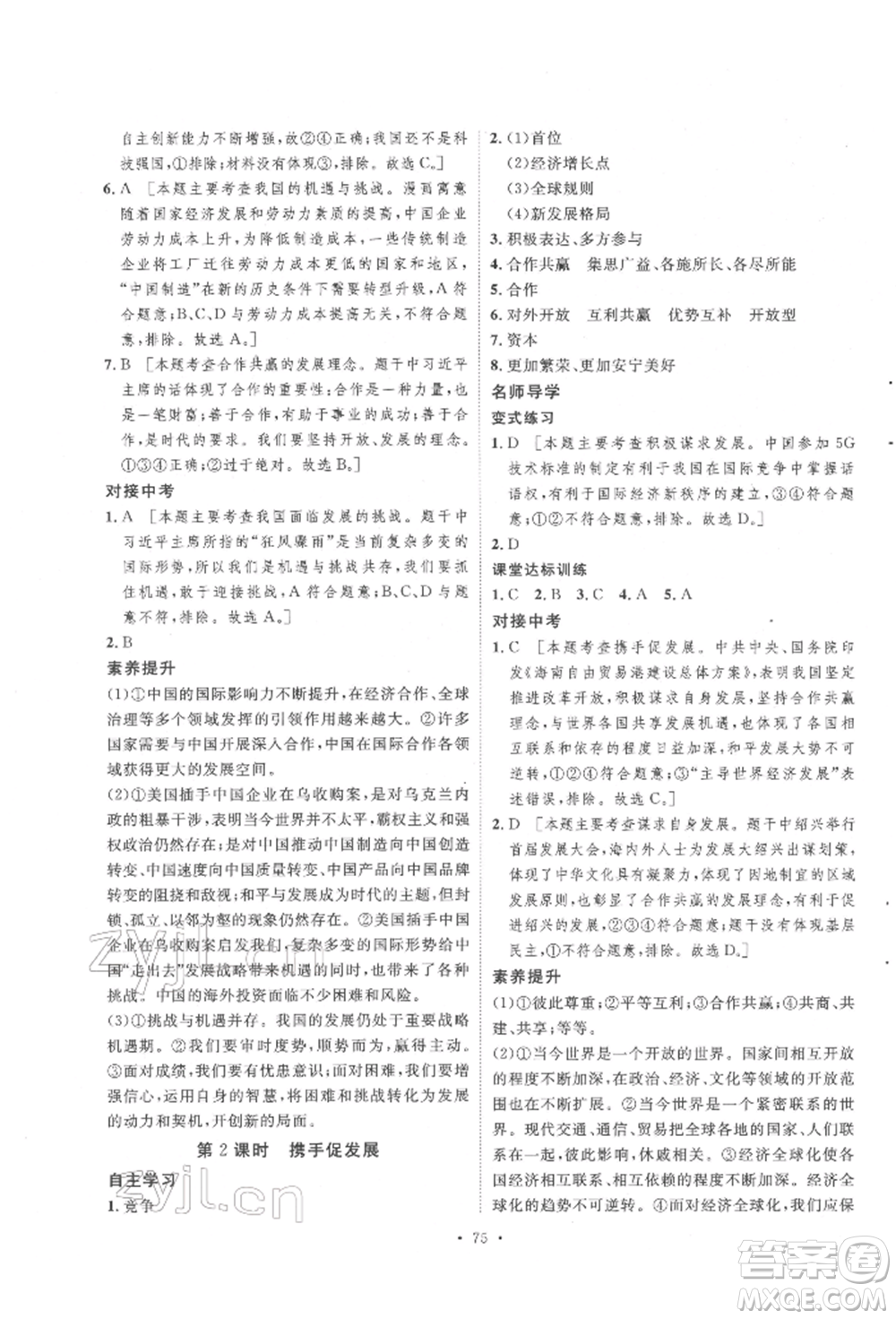 陜西人民出版社2022實驗教材新學案九年級下冊道德與法治人教版參考答案