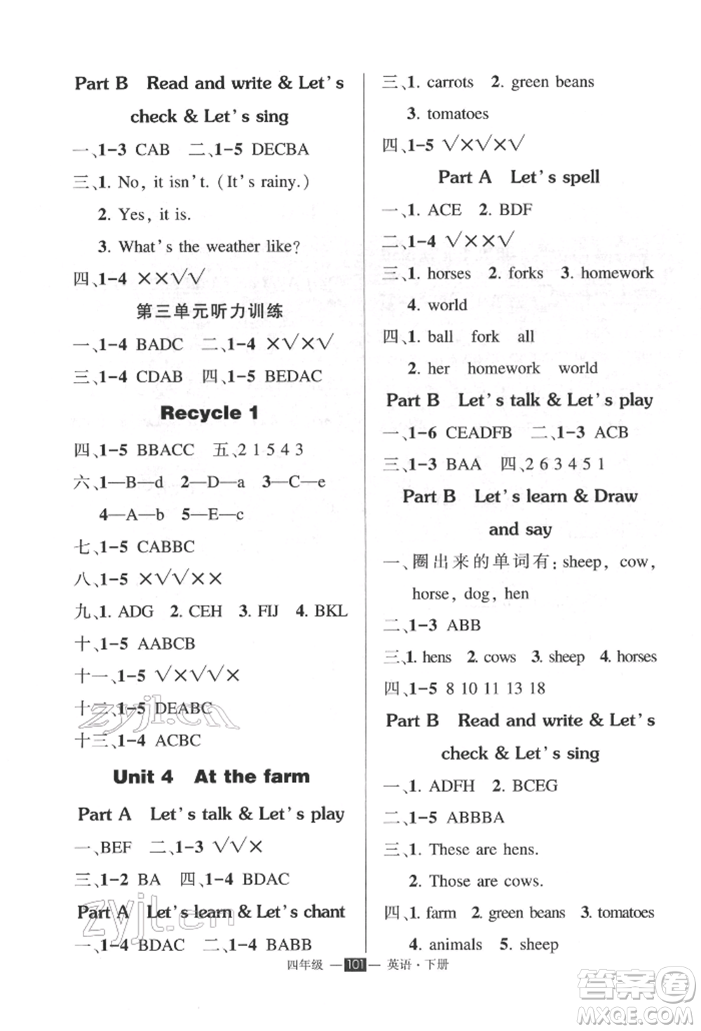 長江出版社2022狀元成才路創(chuàng)優(yōu)作業(yè)100分四年級(jí)下冊(cè)英語人教版參考答案