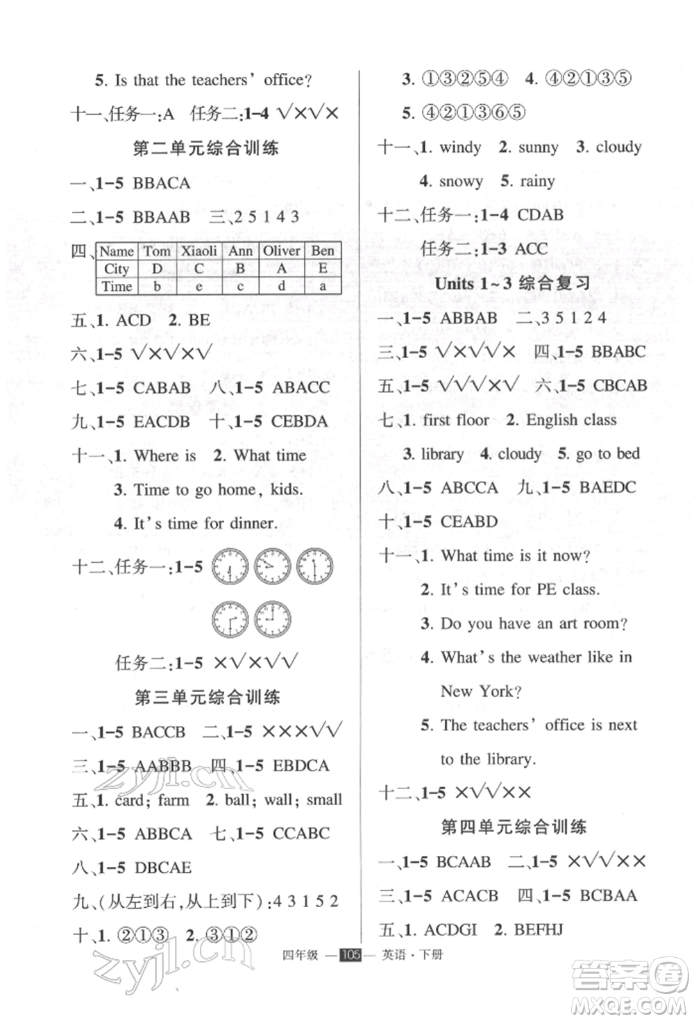 長江出版社2022狀元成才路創(chuàng)優(yōu)作業(yè)100分四年級(jí)下冊(cè)英語人教版參考答案