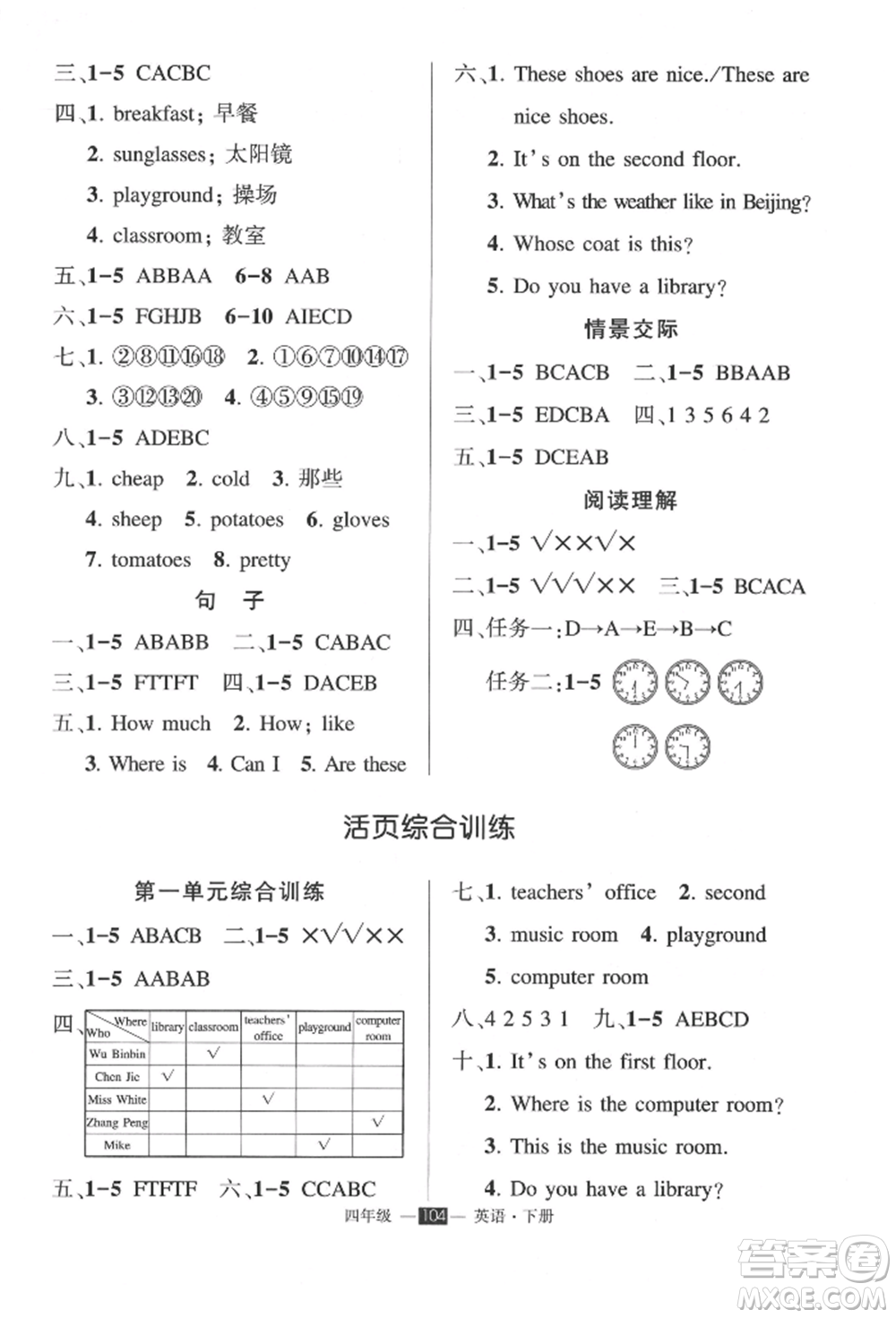 長江出版社2022狀元成才路創(chuàng)優(yōu)作業(yè)100分四年級(jí)下冊(cè)英語人教版參考答案