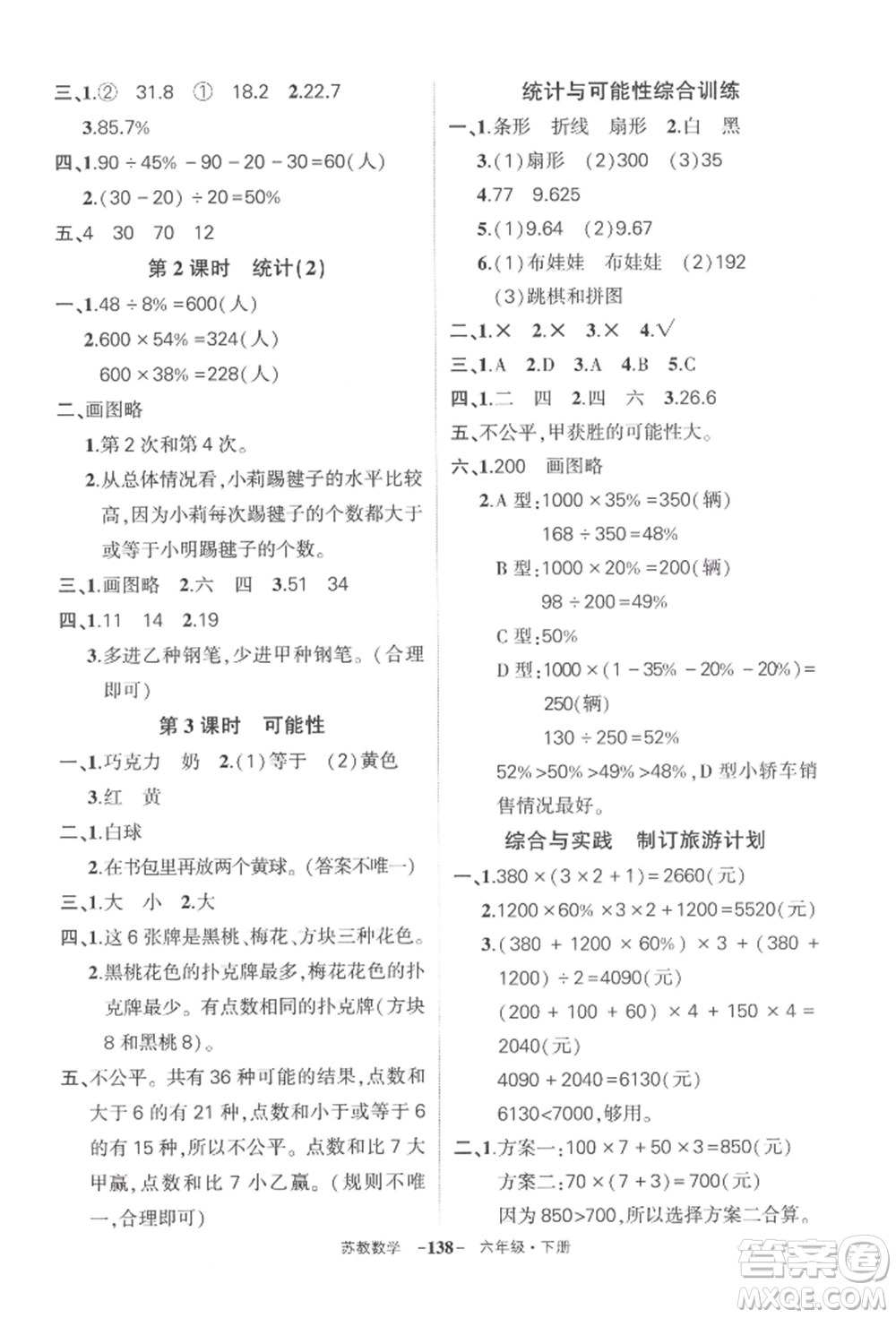 西安出版社2022狀元成才路創(chuàng)優(yōu)作業(yè)100分六年級下冊數(shù)學(xué)蘇教版參考答案