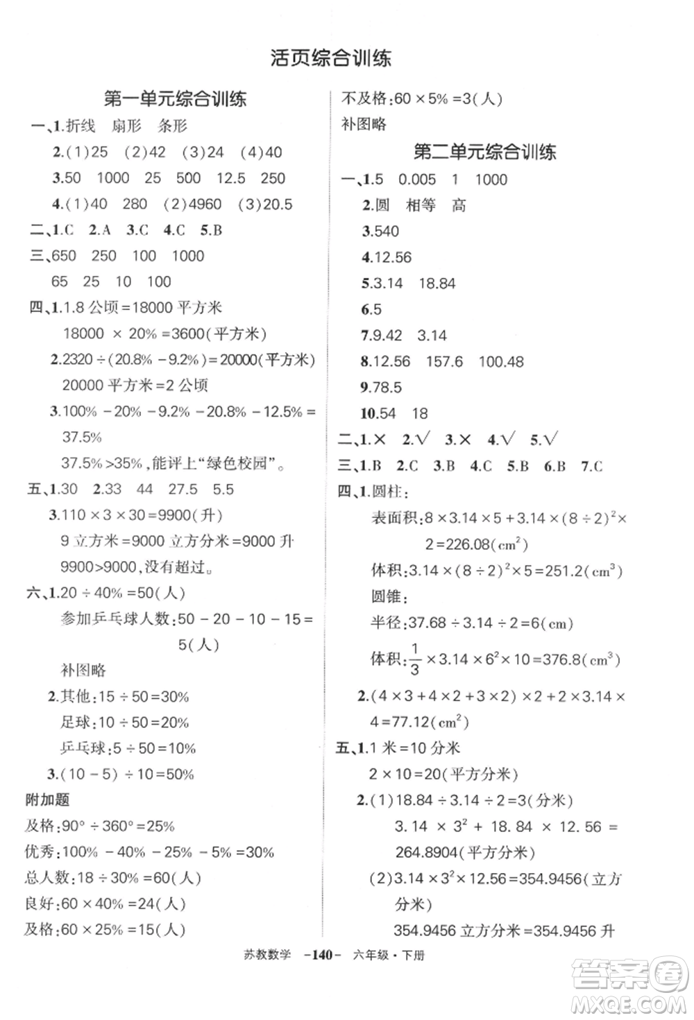 西安出版社2022狀元成才路創(chuàng)優(yōu)作業(yè)100分六年級下冊數(shù)學(xué)蘇教版參考答案