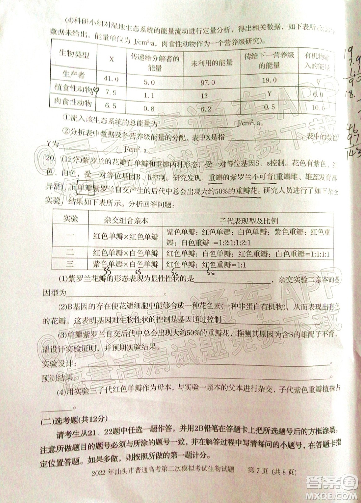 2022年汕頭市普通高考第一次模擬考試試題生物答案