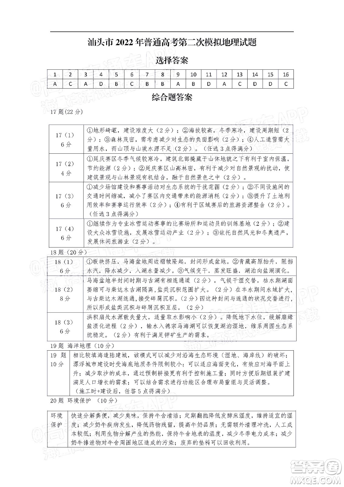 2022年汕頭市普通高考第一次模擬考試試題地理答案