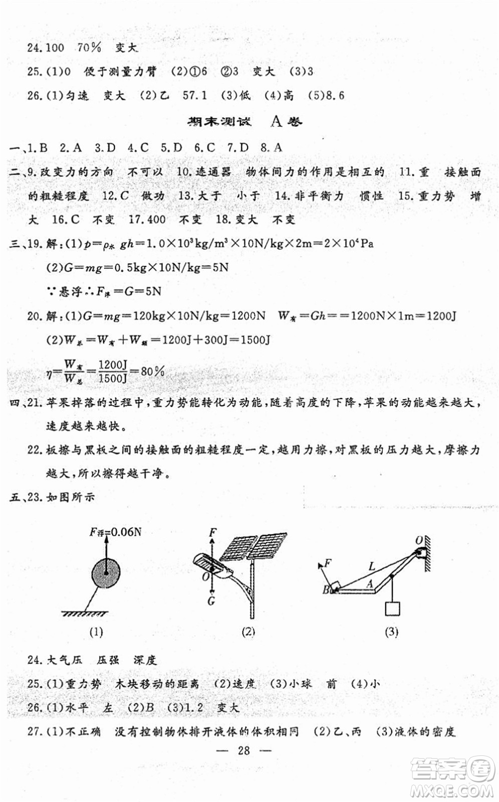 吉林教育出版社2022文曲星跟蹤測(cè)試卷八年級(jí)物理下冊(cè)人教版答案