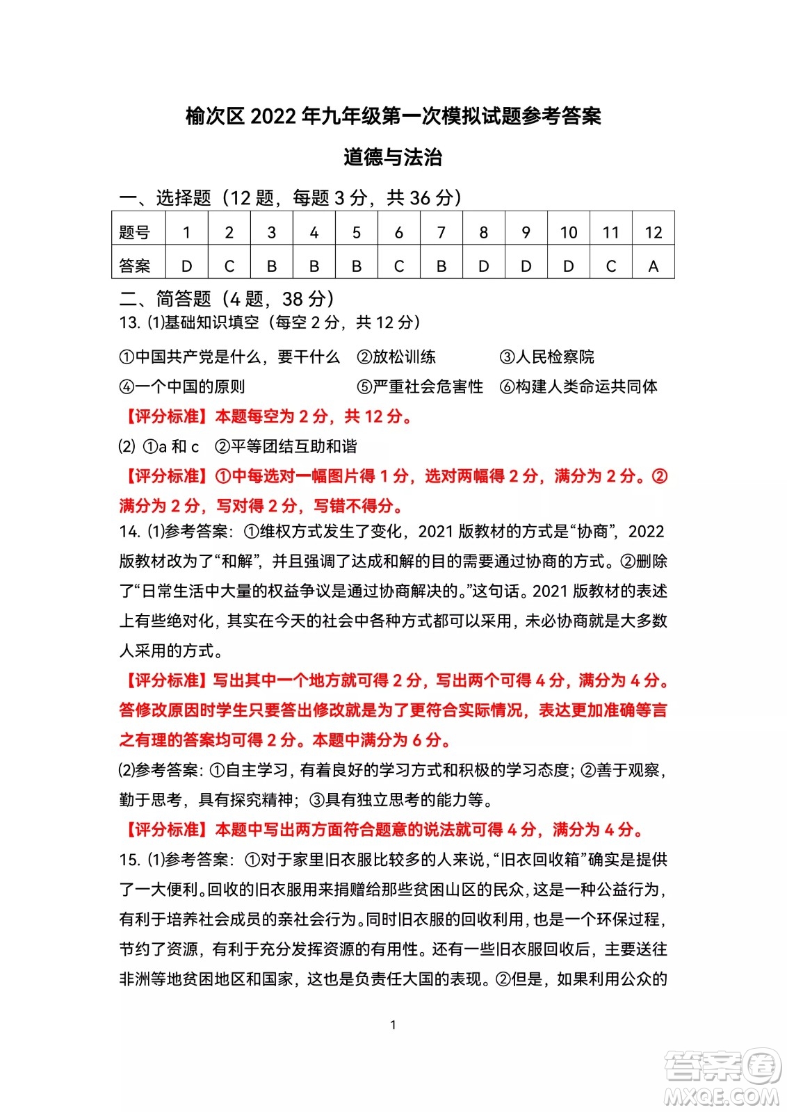 榆次區(qū)2022年九年級(jí)第一次模擬測(cè)試題道德與法治試卷及答案