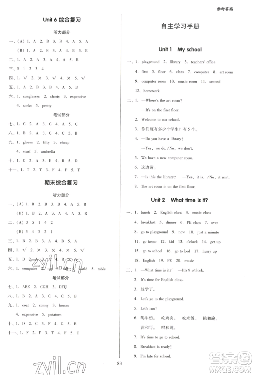 二十一世紀(jì)出版社集團(tuán)2022多A課堂課時(shí)廣東作業(yè)本四年級(jí)下冊(cè)英語(yǔ)人教版參考答案