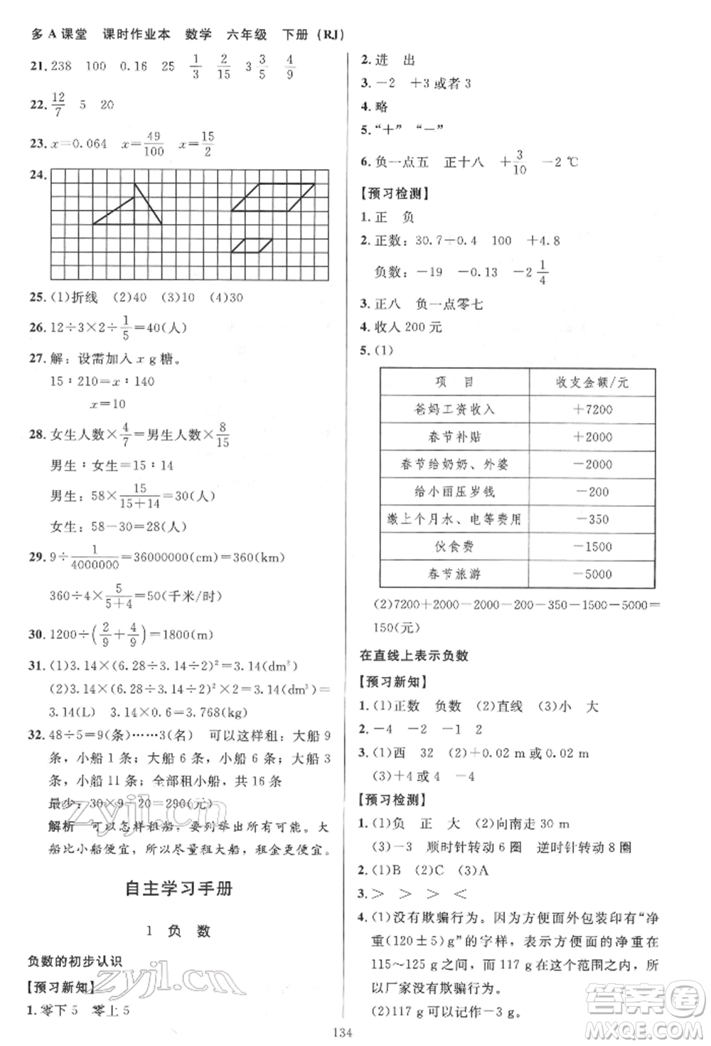 二十一世紀出版社集團2022多A課堂課時廣東作業(yè)本六年級下冊數(shù)學(xué)人教版參考答案