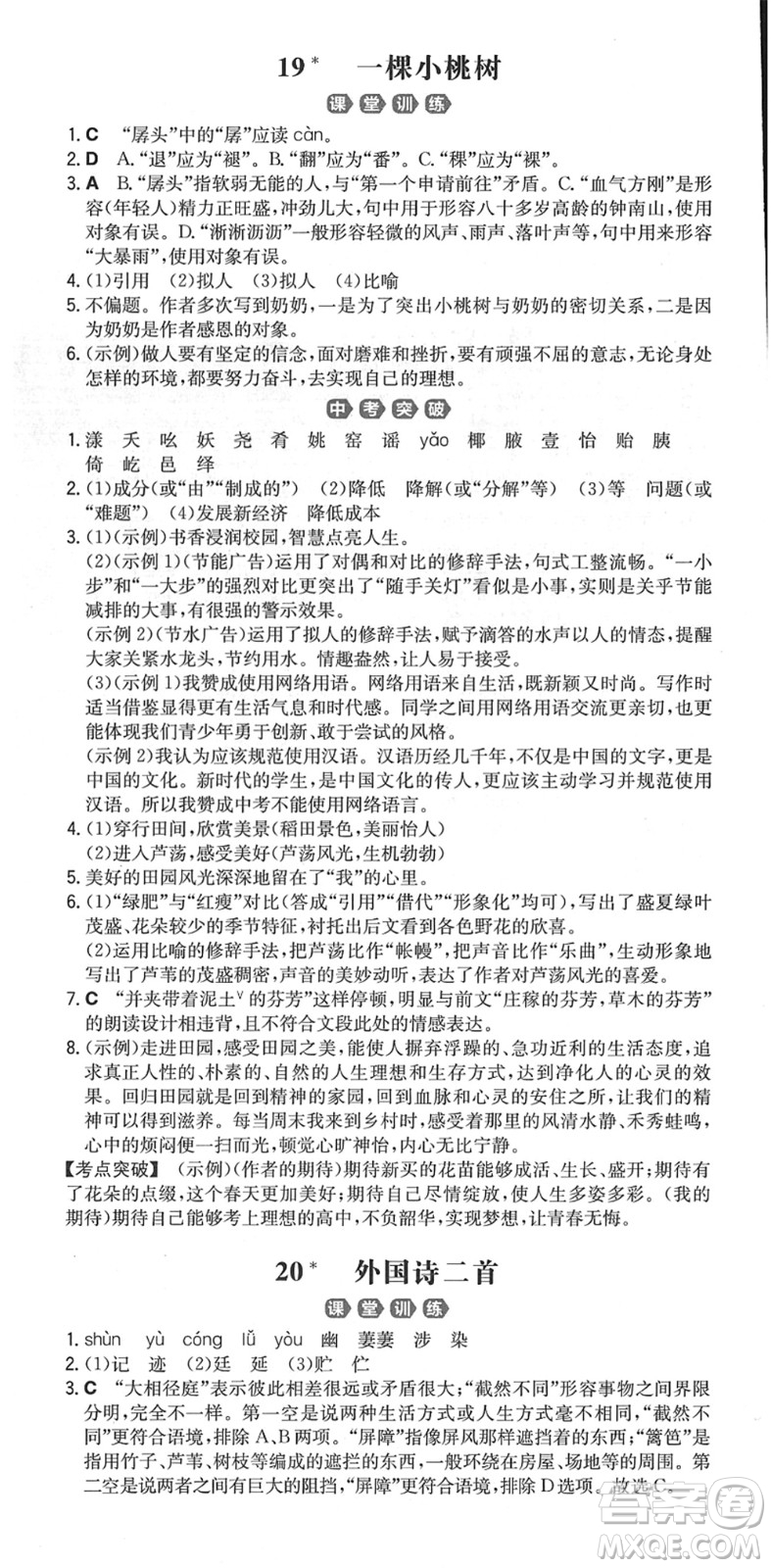 湖南教育出版社2022一本同步訓練七年級語文下冊RJ人教版重慶專版答案