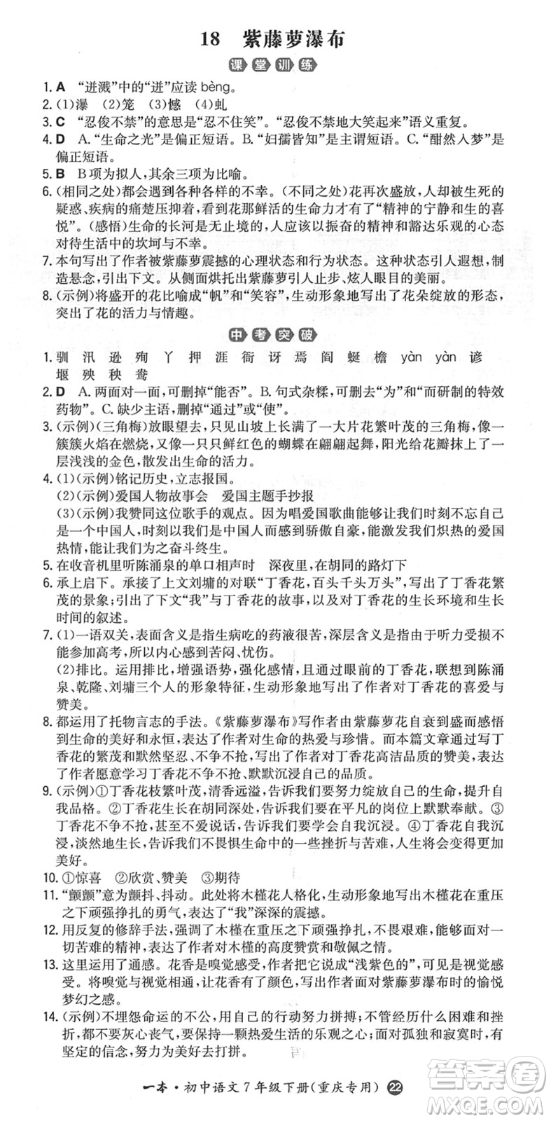 湖南教育出版社2022一本同步訓練七年級語文下冊RJ人教版重慶專版答案