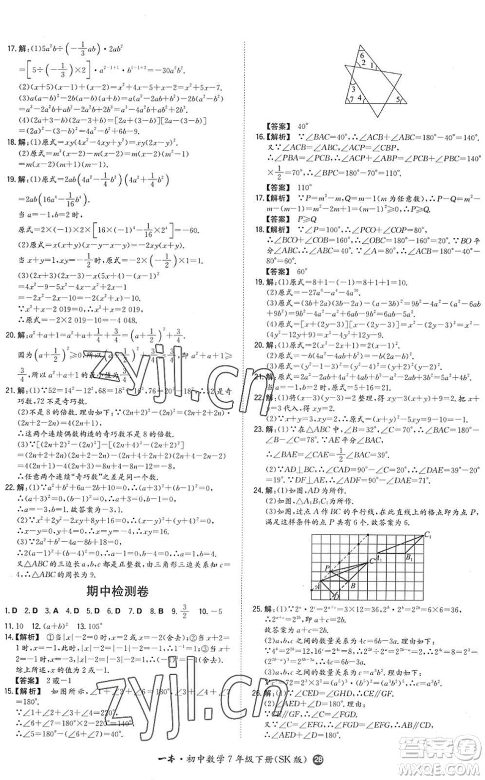 湖南教育出版社2022一本同步訓(xùn)練七年級(jí)數(shù)學(xué)下冊(cè)SK蘇科版答案