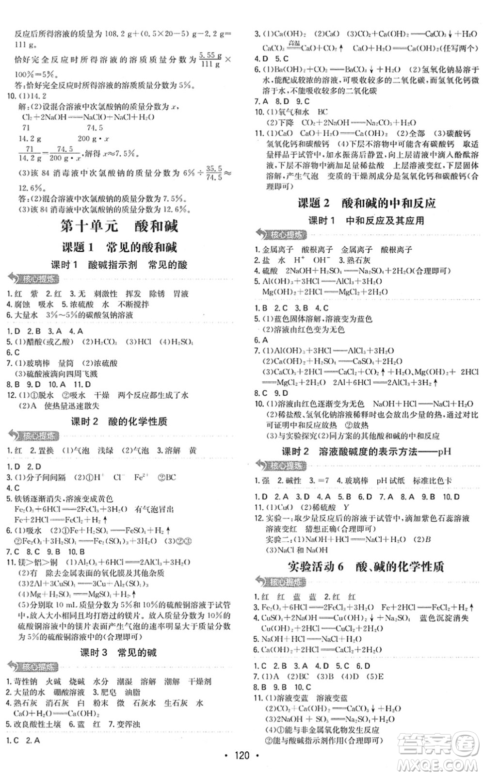 湖南教育出版社2022一本同步訓(xùn)練九年級化學(xué)下冊RJ人教版答案