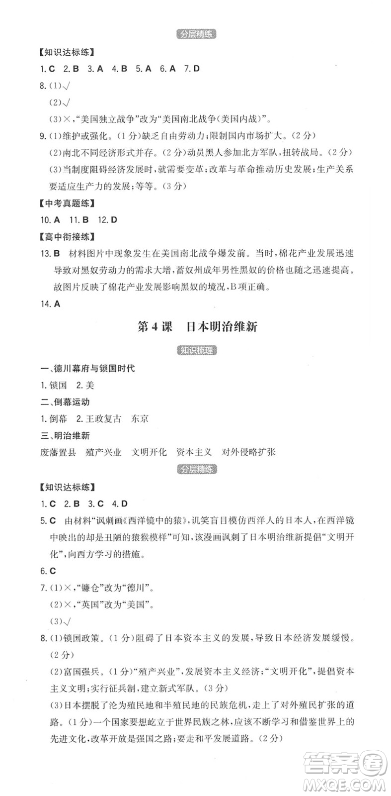 湖南教育出版社2022一本同步訓(xùn)練九年級(jí)歷史下冊(cè)RJ人教版安徽專(zhuān)版答案