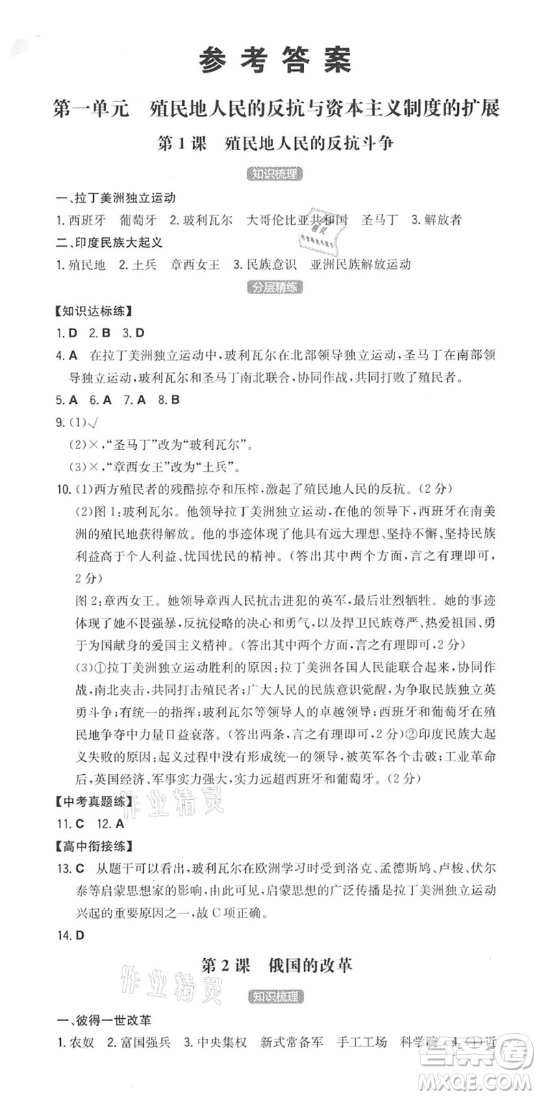 湖南教育出版社2022一本同步訓(xùn)練九年級(jí)歷史下冊(cè)RJ人教版安徽專(zhuān)版答案