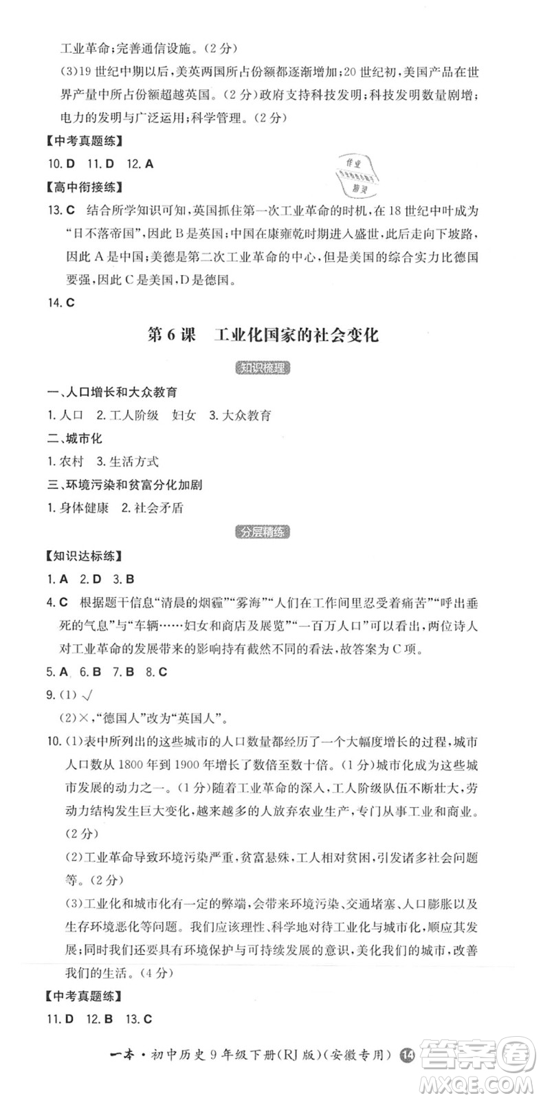 湖南教育出版社2022一本同步訓(xùn)練九年級(jí)歷史下冊(cè)RJ人教版安徽專(zhuān)版答案