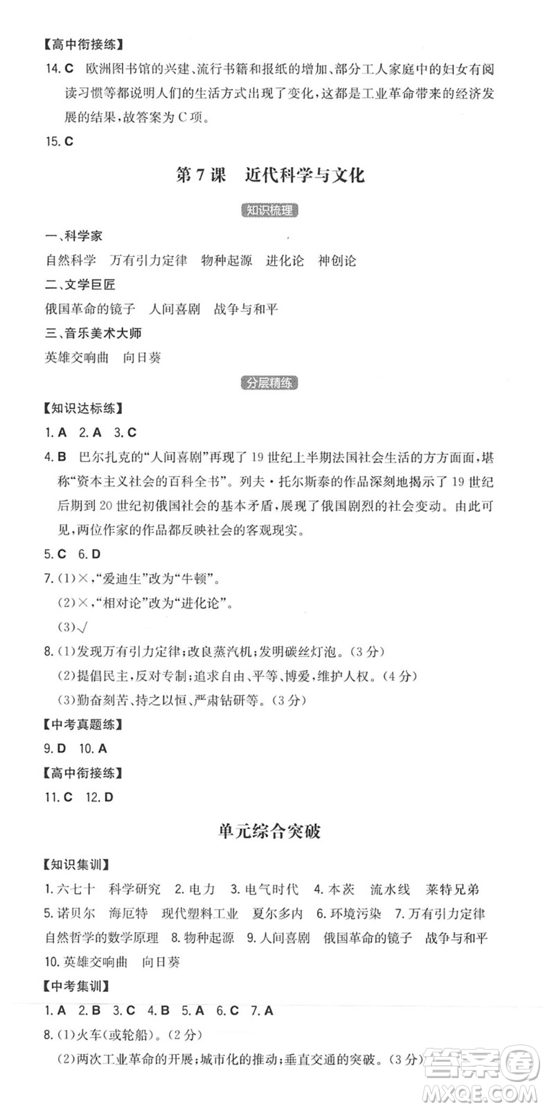 湖南教育出版社2022一本同步訓(xùn)練九年級(jí)歷史下冊(cè)RJ人教版安徽專(zhuān)版答案