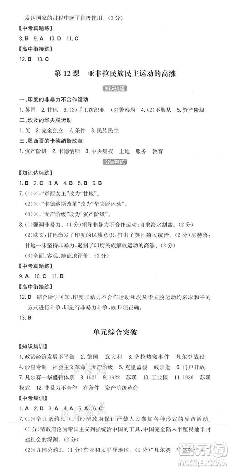 湖南教育出版社2022一本同步訓(xùn)練九年級(jí)歷史下冊(cè)RJ人教版安徽專(zhuān)版答案